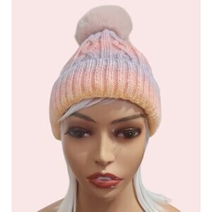 Cap Beanie Mulitcolor Pastel Lined Inside with Ball on top